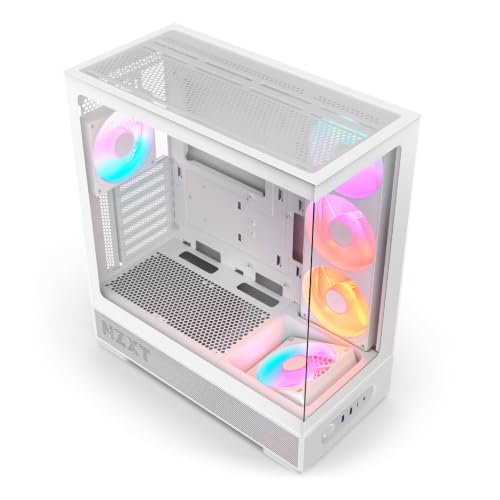 NZXT S5 RGB Deluxe boîtier PC ATX Moyen-Tour Compact - Blanc | 5 ventilateurs RGB préinstallés, double verre panoramique, jusqu’à 10 emplacements de ventilateur, GPU 415 mm, USB-C