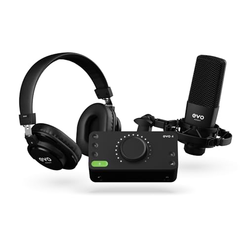 EVO Start Recording Bundle (interface audio EVO 4, microphone à condensateur à large diaphragme SR1, casque de studio fermé SR2000, une araignée de microphone, un câble de connexion XLR), Noir
