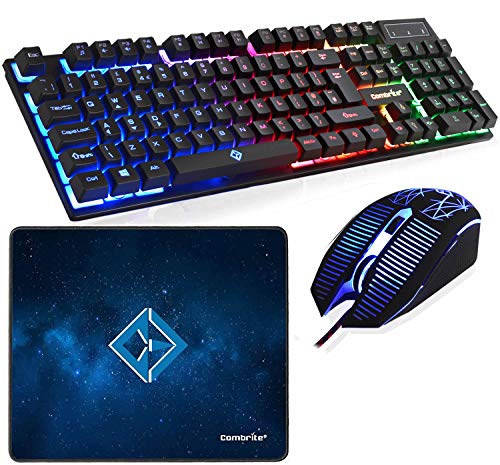 Combrite Raptor Ensemble Clavier et Souris de Jeu avec Grand Tapis de Souris, LED Arc-en-Ciel, Ensemble de Bureau Filaire USB, Disposition Britannique, pour PC, Ordinateur Portable, PS4, Xbox One,