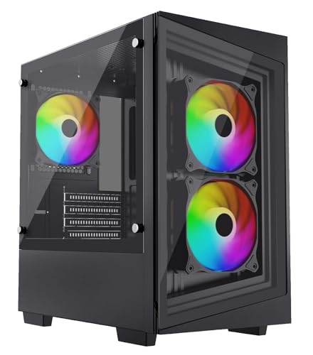 iONZ Boîtier de jeu PC Micro ATX Mini tour – Série Compact Glass | Verre trempé noir (édition G1 avec 3 ventilateurs ARGB de 120 mm)