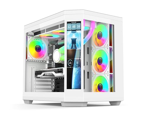 IONZ APEX Vision Boîtier PC Gaming, ATX Mid Tower, Double Chambre avec 4 Ventilateurs ARGB PWM – Écran LCD | Blanc