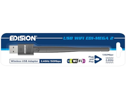 EDISION Adaptateur WiFi USB EDI-Mega 2, WiFi dongle MTK7601, 150 Mbps, 2.4GHz, Antenne inclinable, Compatible avec Picco T265 Pro HD, Ping T2 C, Proton S2 Plus, Piccollino, Piccollo, Windows Linux