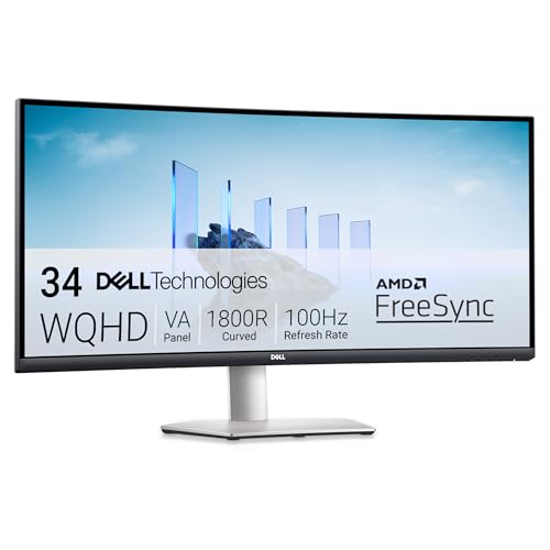 Dell S3423DWC Moniteur - 34 Pouces 3440 x 1440 pixels 100 Hz VA 4 ms AMD FreeSync USB-C, HDMI, Hub USB, Haut-parleurs Intégrés, Réglable, Argent