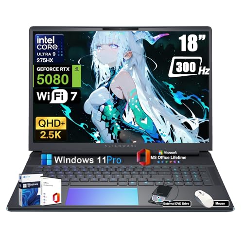 Alienware 18 Area-51 Ordinateur portable de jeu - Intel Ultra 9 275HX (24 cœurs, jusqu'à 5,4 GHz), RTX 5080 GDDR7, 18 pouces 2,5 K QHD 300 Hz, avec lecteur DVD, Win 11 Pro, autonomie de la batterie