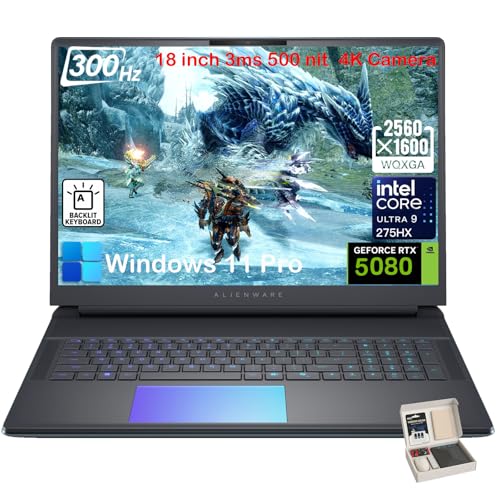 Alienware Ordinateur portable de jeu 18 zones 51, RTX 5080 16 Go GDDR7, Intel Ultra 9 275HX, écran WQXGA 300 Hz, Windows 11 Pro, AlienFX RGB KB, appareil photo 4K, avec accessoires (32 Go DDR5 | SSD