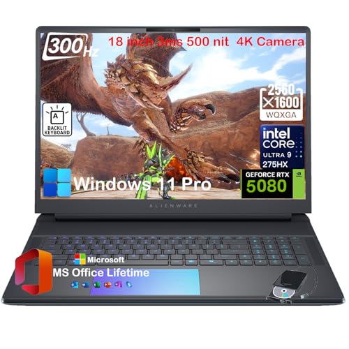 Alienware Ordinateur portable gaming 18 Area 51, RTX 5080 16 Go GDDR7, Intel Ultra 9 275HX jusqu'à 5,4 GHz, WQXGA 300 Hz, licence Win11 Pro Office, AlienFX RGB KB, caméra 4K, lecteur CD externe
