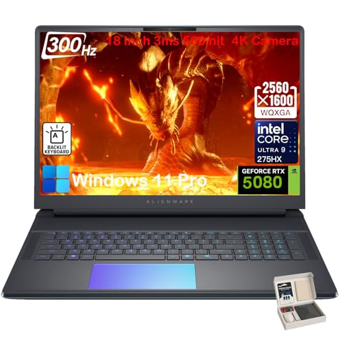 Alienware Ordinateur portable de jeu 18 zones 51, NVIDIA RTX 5080, Intel Ultra 9 275HX jusqu'à 5,4 GHz, WQXGA 18 300 Hz, Win11 Pro, licence de bureau, KB rétroéclairé, lecteur DVD externe, caméra 4K