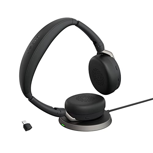 Jabra Evolve2 65 Flex, Casque Bluetooth sans Fil, Socle de Recharge sans Fil, Technologie à réduction de Bruit ClearVoice et ANC Hybride, Adaptateur USB-C, 20h Autonomie, Certifié MS Teams, Noir