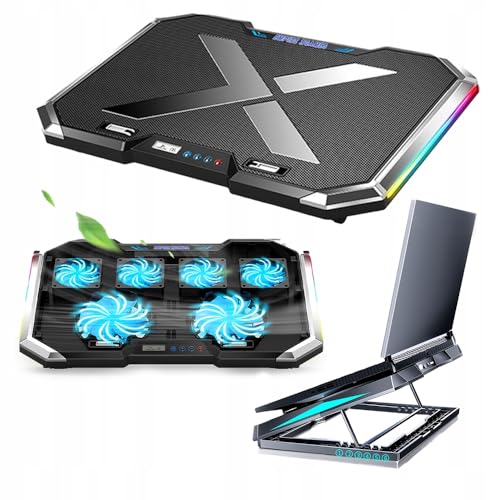 Q8 RGB LED PC Portable Refroidisseur avec 6 Ventilateurs - Support Ordinateur Portable jusqu'à 18 Pouces - Inclinaison 0-32° - Écran LCD - Fonctionnement Silencieux Environ 25dB - Alimenté par USB