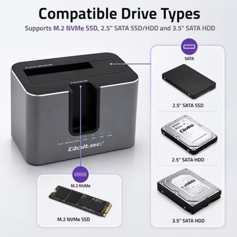 qoltec Station d'accueil Qoltec HDD SSD 2,5 3,5 M.2 USB-C Black polymère