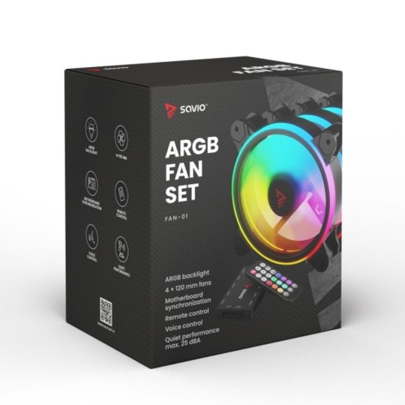 savio Kit de refroidissement par air Savio FAN-01 120 mm avec 4 ventilateurs RVB et commande vocale