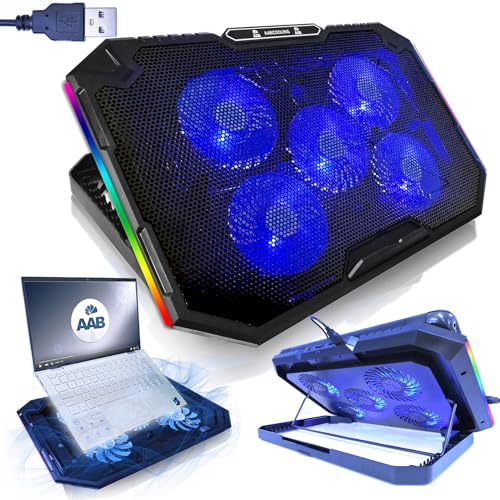 AABCOOLING Elektra-Ventilateur Accessoire-s Gamer avec 5 Ventilateurs et LED Bleu, Laptop Cooler, Support Ventilé Ordinateur Portable, Refroidisseur pour Ordinateur, Refroidisseur Pro, Éclairage RGB