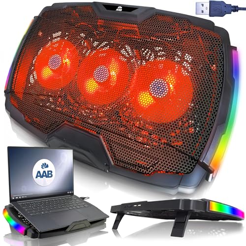 AABCOOLING Vela - Refroidisseur Ordinateur Portable 10-17 - 3 LED Ventilateurs Silencieux, Efficaces - Côté éclairé RVB - 2 Niveaux D'inclinaison -Refroidissement Ultra Rapide -Léger et Efficace