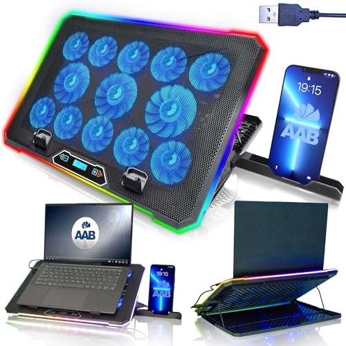 AABCOOLING Quantum -Ventilateur PC Gamer 9-17 -Support De Téléphone - Éclairage RVB - 13 LED Ventilateurs Silencieux, Efficaces -Réglage de 9 Niveaux - Contrôle LCD - Refroidisseur Laptop Cooler