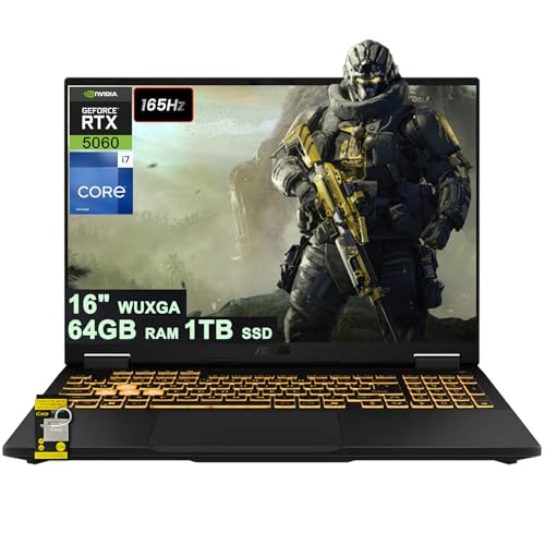 ASUS TUF Gaming F16 Ordinateur portable 16 WUXGA IPS 165 Hz (100 sRGB, GSYNC) Intel 16 cœurs i7-14650HX 64 Go DDR5 1 To SSD GeForce RTX 5060 (jusqu'à 572 AI Tops) rétroéclairé RVB Thunderbolt