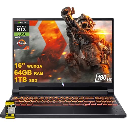 acer Nitro V 16 AI Ordinateur portable de jeu 16 WUXGA IPS 180 Hz AMD Zen 4 Hexa-core Ryzen 5 240 64 Go de RAM 1 To SSD GeForce RTX 5050 (jusqu'à 421 AI Tops) Rétroéclairé Win11 avec concentrateur