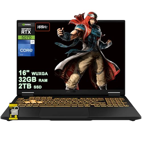 ASUS TUF Gaming F16 Ordinateur portable 16 WUXGA IPS 165 Hz (100 sRGB, GSYNC) Intel 16 cœurs i7-14650HX 32 Go de RAM 2 To SSD GeForce RTX 5070 (jusqu'à 798 AI Tops) RGB rétroéclairé Thunderbolt