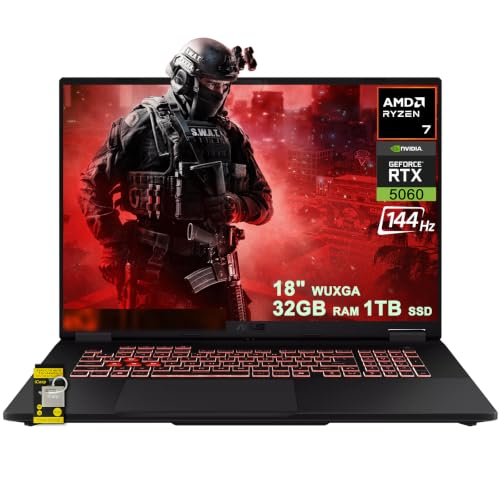 ASUS TUF Gaming A18 AI Ordinateur portable 18 WUXGA IPS 144 Hz (100 sRGB, GSYNC) AMD 8-core Ryzen 7 260 32 Go de RAM 1 To SSD GeForce RTX 5060 GDDR7 (jusqu'à 572 AI Tops) RGB rétroéclairé USB4