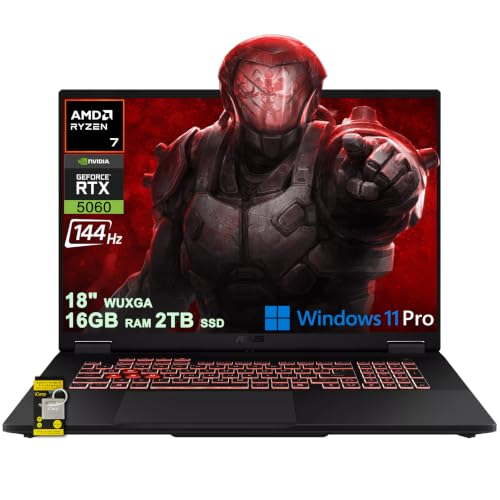 ASUS TUF Gaming A18 AI Ordinateur portable 18 WUXGA IPS 144 Hz (100 sRGB, GSYNC) AMD 8-core Ryzen 7 260 16 Go de RAM 2 To SSD GeForce RTX 5060 GDDR7 (jusqu'à 572 AI Tops) RGB rétroéclairé USB4