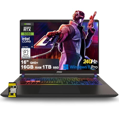 MSI Vector 16 HX AI Gaming Laptop 16 QHD (2560 x 1600) 240Hz Intel 24-core Ultra 9 275HX ( i9-14900HX) 16 Go de RAM 1 To SSD GeForce RTX 5080 16 Go (jusqu'à 1334 AI TOPS) Wi-Fi rétroéclairé RVB Fi7