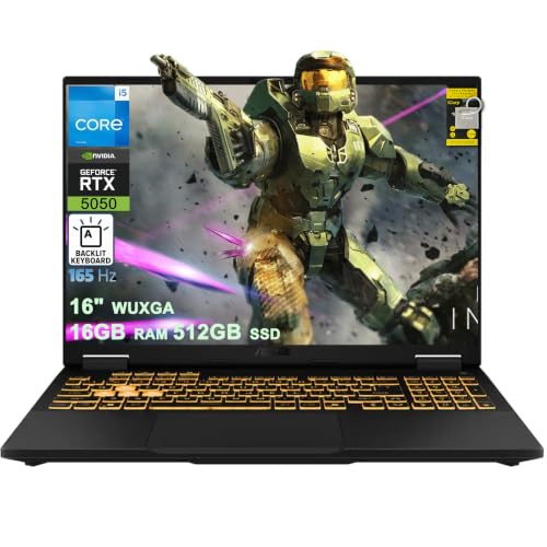 ASUS TUF F16 Ordinateur portable de jeu 16 WUXGA IPS 165 Hz (100 sRGB) Intel 10 cœurs i5-13450HX 16 Go de RAM 512 Go SSD GeForce RTX 5050 (jusqu'à 440 AI Tops) RGB rétroéclairé Thunderbolt Win11