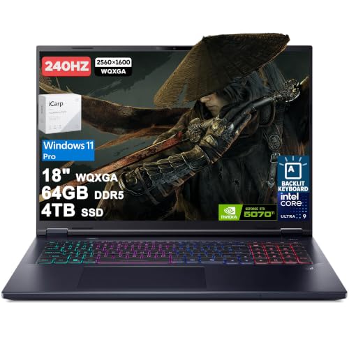 Acer Predator Helios Neo 18 AI Ordinateur portable de jeu 18 WQXGA IPS 240 Hz Intel 24 cœurs Ultra 9 275HX 64 Go DDR5 4 To SSD GeForce RTX 5070 Ti (jusqu'à 992 AI Tops) Rétroéclairé RVB Thunderbolt