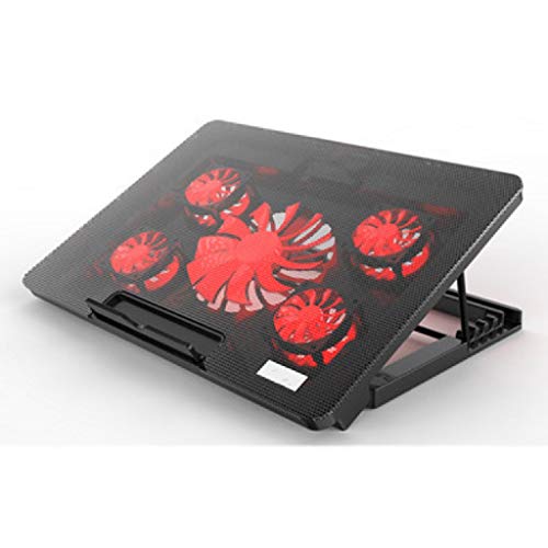 MYBA Refroidisseur PC Portable Laptop Cooling Pad 5 Ventilateurs jusqu'à 17 Pouces Lourd Notebook Cooler Bleu Rouge LED Lights 2 Ports USB 6 Angle réglable Refroidisseur Ordinateur Portable
