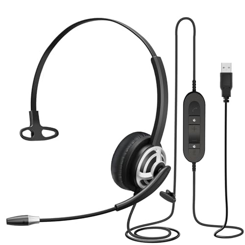 Casques USB Mono Filaire avec Micro Anti-bruit et Contrôle de Volume, Oreillette Business UC pour Skype, SoftPhone, Centre d'appels, Reconnaissance Vocale, Visioconference, Léger et Confortable