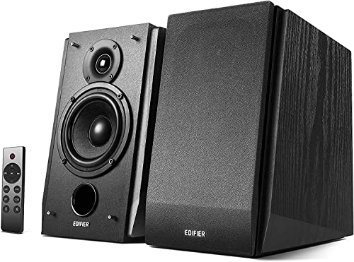 Edifier R1855DB Enceintes de bibliothèque actives 2.0, Bluetooth v5.1 et optique coaxiale entrée ligne, sous-sortie, 70 W RMS, 60 Hz–20 kHz, aigus Nomex Mid-Bass et 19 mm Silk Tweeters, design incliné