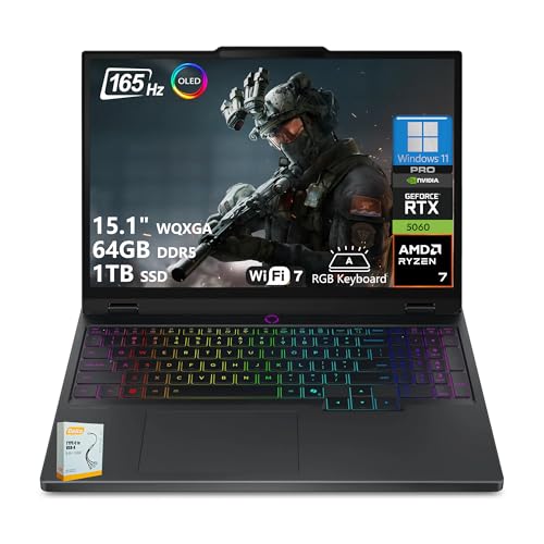 Lenovo Legion 5 Ordinateur portable de jeu alimenté par l'IA | WQXGA OLED 15 po 165 Hz | AMD Ryzen 7 260 | 64 Go DDR5 1 To SSD | GeForce RTX 5060 8 Go (jusqu'à 572 AI Tops) | Wi-Fi 7 Win11 Pro