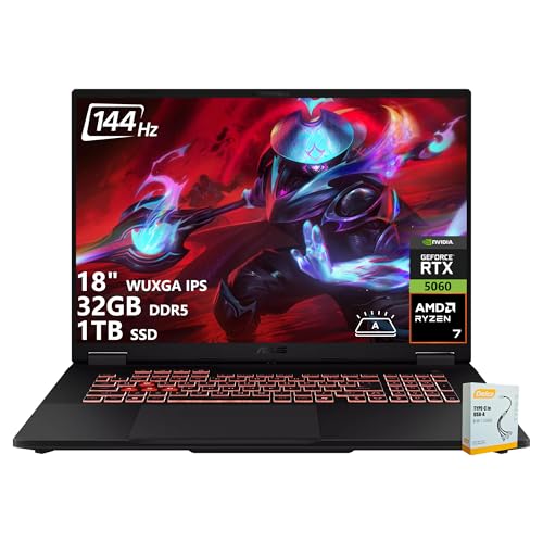 ASUS TUF Gaming A18 Ordinateur portable de jeu | WUXGA IPS 144 Hz | AMD 8-Core Ryzen 7 260 | 32 Go DDR5 1 To SSD | NVIDIA GeForce RTX 5060 (572 AI Tops) | Clavier rétroéclairé USB 4 Win11 avec