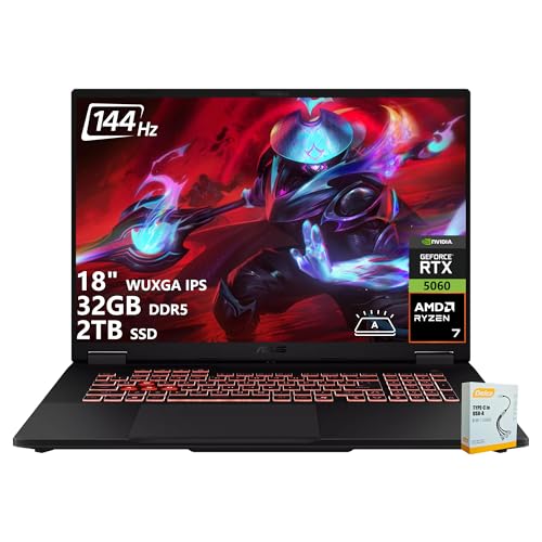 ASUS TUF Gaming A18 Ordinateur portable de jeu | WUXGA IPS 144 Hz | AMD 8-Core Ryzen 7 260 | 32 Go DDR5 2 To SSD | NVIDIA GeForce RTX 5060 (572 AI Tops) | Clavier rétroéclairé USB 4 Win11 avec