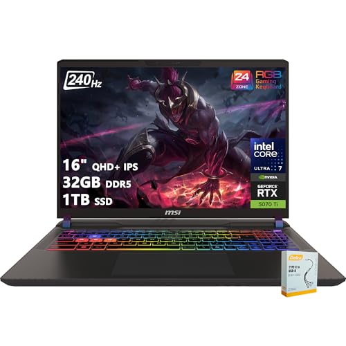 msi Vector 16 HX AI Ordinateur portable de jeu | 16 QHD IPS 240 Hz | Intel Core Ultra 7 255HX | 32 Go DDR5 1 To SSD | GeForce RTX 5070 Ti (jusqu'à 992 AI Tops) | Thunderbolt 5 Win11 avec accessoire