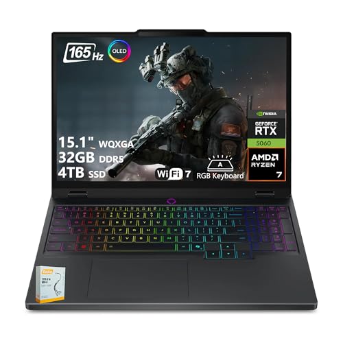 Lenovo Legion 5 Ordinateur portable de jeu alimenté par l'IA | WQXGA OLED 15 po 165 Hz | AMD Ryzen 7 260 | 32 Go DDR5 4 To SSD | GeForce RTX 5060 8 Go (jusqu'à 572 AI Tops) | Wi-Fi 7 Win11