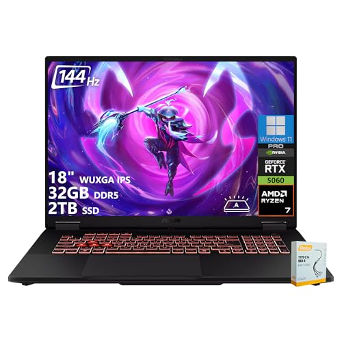 ASUS TUF Gaming A18 Ordinateur portable de jeu | WUXGA IPS 144 Hz | AMD 8-Core Ryzen 7 260 | 32 Go DDR5 2 To SSD | NVIDIA GeForce RTX 5060 (572 AI Tops) | Clavier rétroéclairé USB 4 Win11 Pro avec