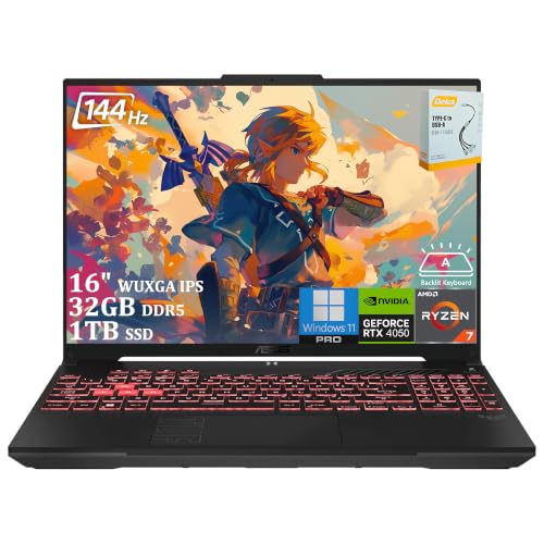 ASUS Ordinateur portable TUF Gaming A16 | WUXGA IPS 144 Hz G-Sync | AMD 8-core Ryzen 7 170 | 32 Go DDR5 1 To SSD | GeForce RTX 4050 6 Go (194 AI Tops) | Rétroéclairé Type-C WiFi 6 Win11 Pro avec