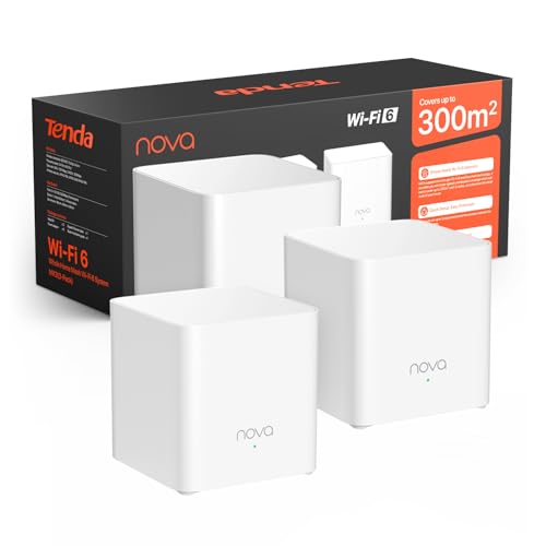 Tenda Nova AX1500 Lot de 3 systèmes Wi-FI 6 maillés pour Toute la Maison, Couverture jusqu'à 2 à 4 pièces, Maille Wi-FI Double Bande avec 2 Ports Gigabit, Compatible avec Alexa, contrôle Parental et