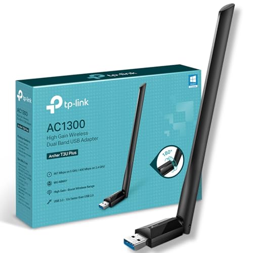 TP-Link AC1300 High Gain USB 3.0 Wi-Fi Dongle, Dual Band MU-MIMO Wi-Fi Adapter with 5dBi Antenna for PC Desktop Laptop, Supports Windows 11 10 8.1 8 7 (Archer T3U Plus)