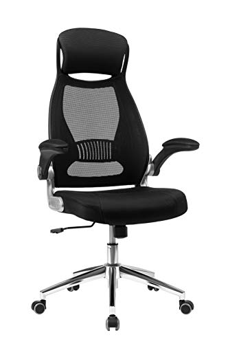 SONGMICS Chaise de bureau, Fauteuil pivotant, Siège avec accoudoirs rabattables, Appui-tête et support lombaire, Dossier inclinable, Surface en toile, OBN86BK, Noir, 64 x 55 x (117-126,5) cm