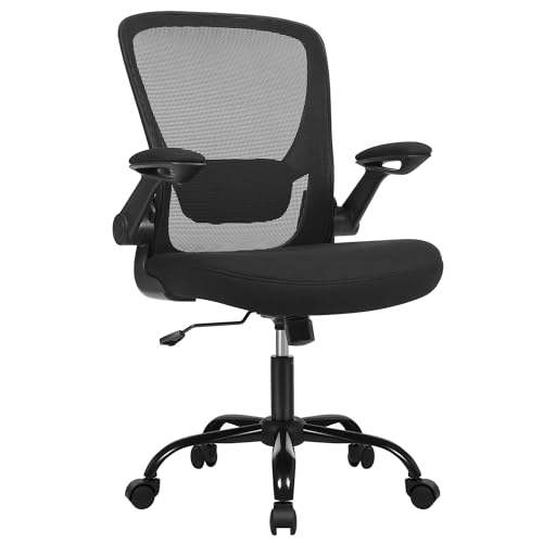 SONGMICS Chaise Bureau Ergonomique, Tissu en Maille, Support Lombaire, Mécanisme à Bascule, Assise Large de 53 cm, Accoudoirs Rabattables, pour Bureau, Chambre, Noir OBN37BK