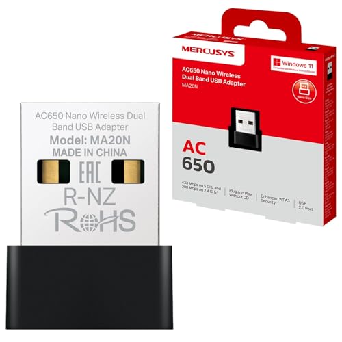 MERCUSYS MA20N AC650 USB WiFi Dongle, adaptateur WiFi double bande pour PC ordinateur de bureau ordinateur portable, Nano Mini adaptateur sans fil pour PC TP-Link, prend en charge Windows 10-11