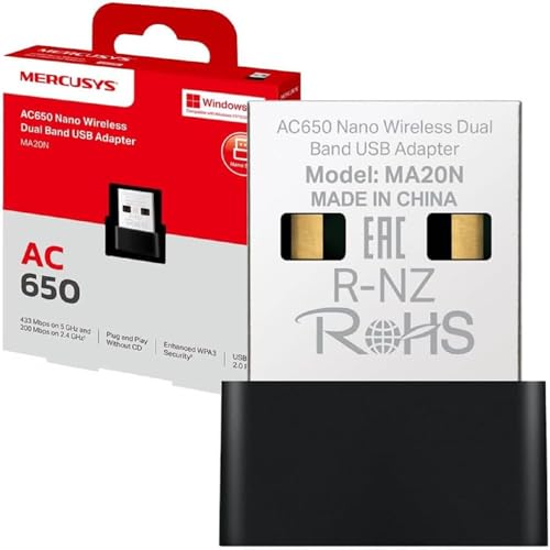 MERCUSYS MA20N TP-Link Clé WiFi AC650Mbps, Clé WiFi pour PC, Taille Nanométrique, Adaptateur Clé USB WiFi, Carte WiFi pour PC, Dongle WiFi Bi-Bande, Compatible avec Windows 11 10