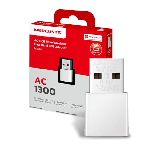 MERCUSYS MA30N TP-Link Clé WiFi AC1300Mbps,Adaptateur WiFi USB, Carte réseau, Nano Carte, Double Bande, Clé WiFi pour PC, Carte WiFi pour PC, Dongle WiFi Bi-Bande, Compatible avec Windows 11 10