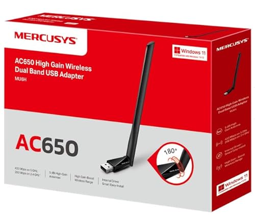 Mercusys TP-Link MU6H Adaptateur AC650 WiFi USB à Haut Gain, clé WiFi, Double Bande, 200 Mbps sur 2,4 GHz avec Technologie 256-QAM, 433 Mbps sur 5 GHz, Compatible avec Windows 11 10 8.1 8 7 XP