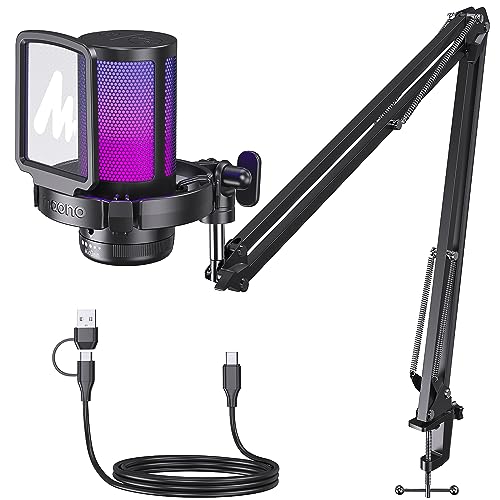 MAONO USB Micro Gaming, RGB Condensateur Microphone avec réduction du Bruit Muet Gain Moniteur Bras Micro, pour Enregistrement, Streaming, Postcast, Discord, Ordinateur, Compatible avec Mac, PS4 5