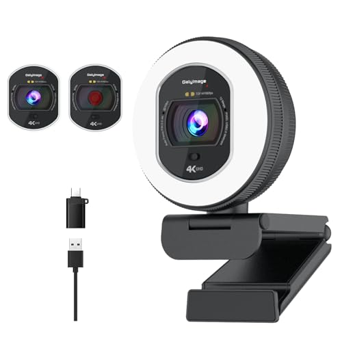 Webcam 4K avec lumière annulaire 4K Autofocus avec caméra d'ordinateur TOF 1080p 60 fps Caméra Web Caméra Web Caméra intégrée et microphone Streaming Webcams pour Switch 2 Zoom Skype Google Meet Noir