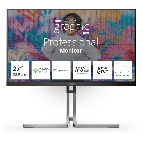 AOC Moniteur Q27U3CV 27 Pouce 75Hz IPS QD Dalle, 4ms GtG, VESA HDR400 (Certified), Ajustable en Hauteur, Haut-parleurs, USB Hub(2560x1440 HDMI 1x 1.4 DP 1x 1.4) Noir Argent