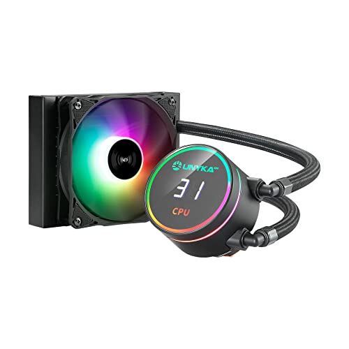 UNYKAch Refroidissement Liquide CPU AQUASTORM Black 120 Pompe silencieuse, Affichage pour contrôler la température du processeur et Un Ventilateur RVB avec capteur PWM