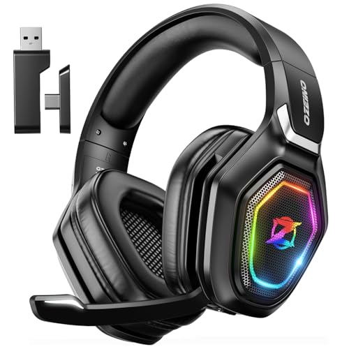Ozeino Casque Gaming sans Fil pour PC PS5 PS4, 2.4GHz Audio sans Perte, USB Type-C Casque de Jeu Ultra Stable avec Microphone Flip (Noir)