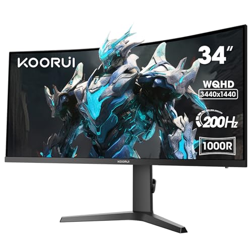 KOORUI Ecran PC Gamer 34 Pouces, Ecran Gaming incurvé, 200Hz, 1440P 1ms WQHD, Adaptive Sync, HDMI 2.0 Display Port, 1000R HDR 400, réglable en Hauteur, VESA Mountable, Eye Care
